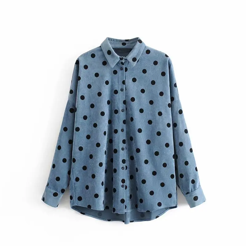 Женская Вельветовая блузка в горошек с длинным рукавом и отложным воротником