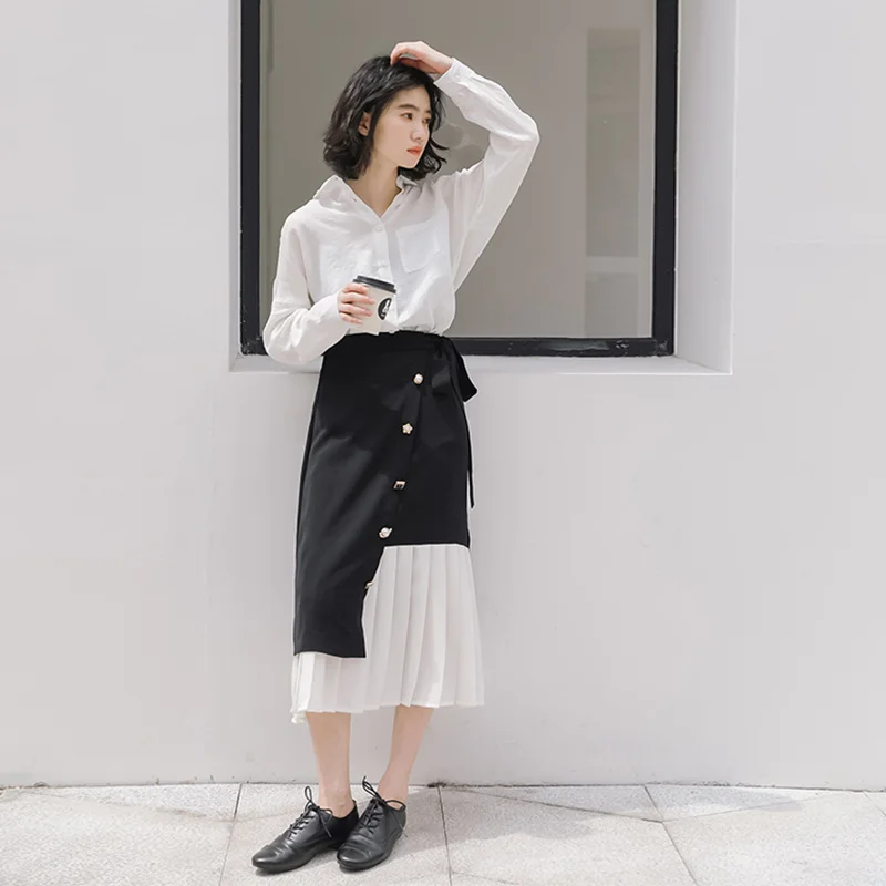 REALEFT/элегантные длинные юбки трапециевидной формы черного цвета в стиле пэчворк