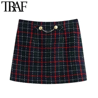 traf women chic fashion with metal chain tweed check mini skirt vintage high waist side zipper female skirts mujer