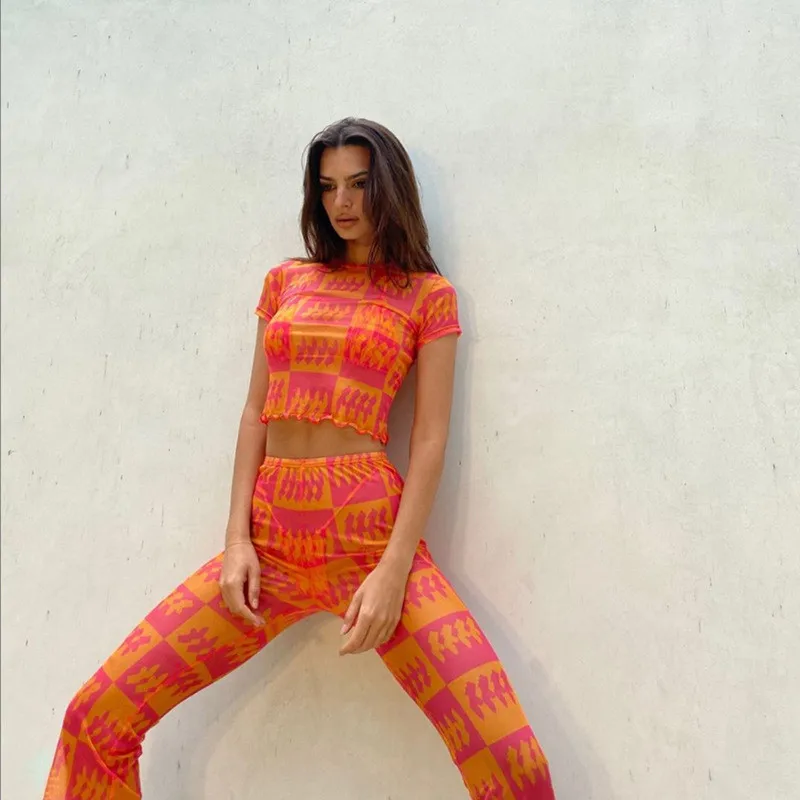 

Y2k Print Mesh Sexy Two Piece Pants Sets Women Outfits Festival Clothes Rave 2000S Aesthetic Crop Top Flare Pants Tracksuit 2021