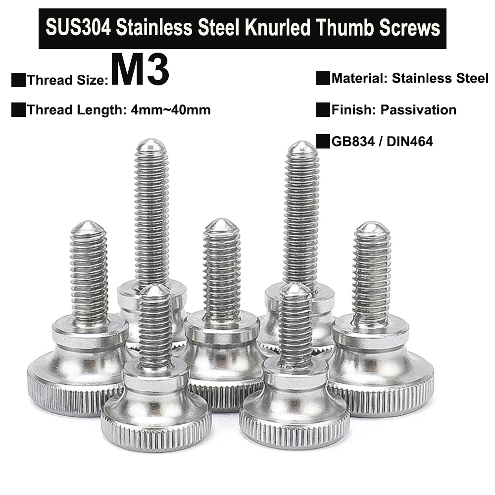 5Pcs M3x4mm~40mm SUS304 Stainless Steel Knurled Thumb Screws GB834 DIN464 High Step Head Hand Tighten Thumb Screw