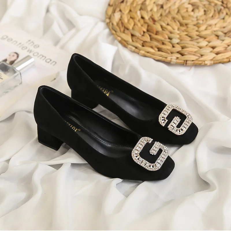 

2021 spring office fashion single shoes women all-match square buckle shallow mouth mid-heel thick heel square heel boat shoes