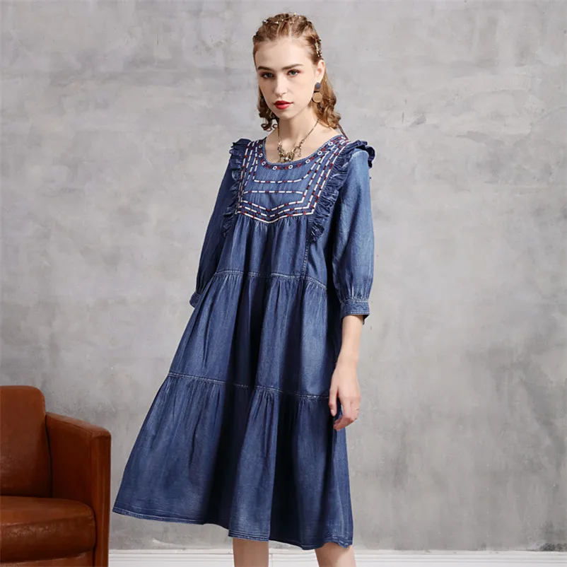 

Autumn Women Denim Tassel Dress 2020 Vintage A line O-Neck Embroidery Dress Half Sleeve Dresses Vestidos Q82257 Female Vestido