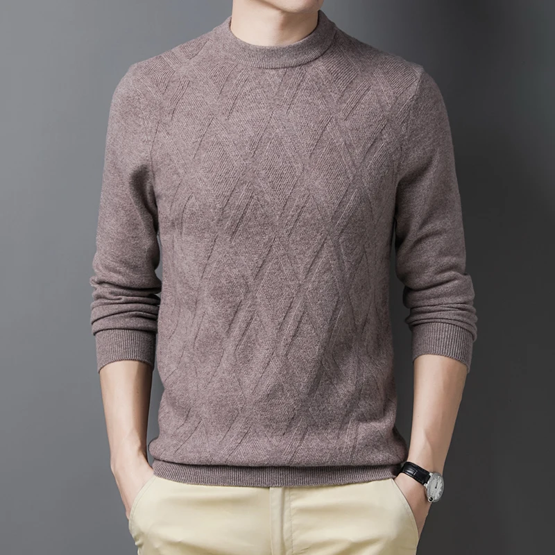 

Мужской свитер из 100% овечьей шерсти, сезон зима-осень, модные кашемировые свитера с узором ромбиками, джемпер из чистой шерсти с длинным рук...