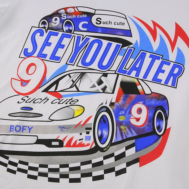 

Summer Fashion Loose Cute Print Letters Car Contrast Color Short Sleeve Tee SML White O-neck Woman Casual T-Shirt Lady Tshirt