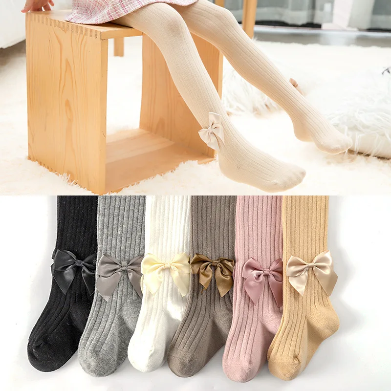0 8Y Cotton Tights For Girls Cute Bowknot Children Pantyhose Spring Autumn Ribbed Newborn Baby Infant Stockings Princess Tights