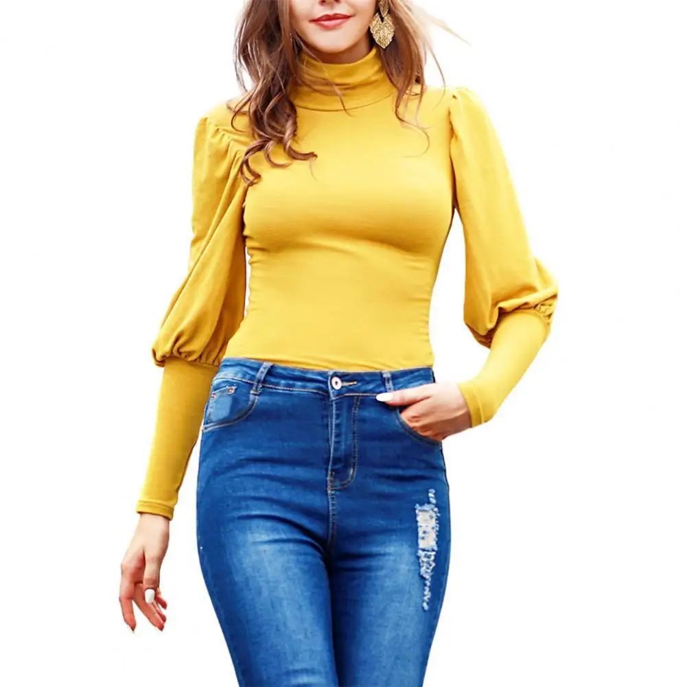 

Long Sleeve Pullover Women Blouse Slim Half High Collar Solid Color Puff Sleeve Bottoming Blouses Base Shirt Female Clothing