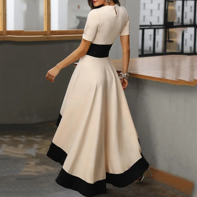 

Elegant Lady Slim Fit Solid Party Dress Summer Asymmetrical Loose Round Neck Dress Women Short Sleeve Casual Streetwear Dress