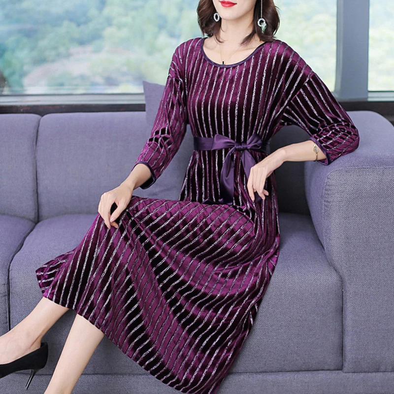 

Spring Fall Womens High Waisted Striped Printed Purple Bow Velour Long Dress , 3/4 Sleeve Loose Elegant Velvet Dresses for Women