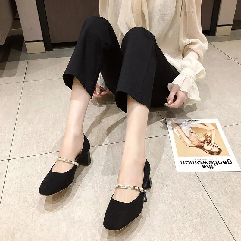 

2021 new thick-heeled mid-heel comfortable women's high heels bow tie-heel women's single shoes