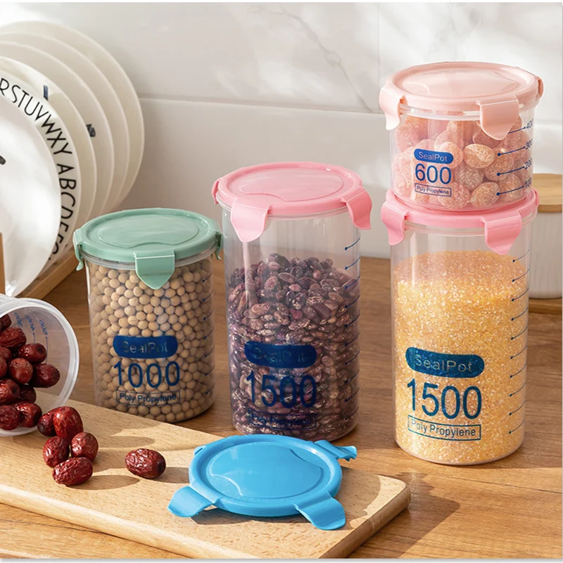 

Plastic Food Storage Jars Grains Cereal Transparent Eco Friendly Airtight Storage Bottle with Lid Botella Home Organization DF50