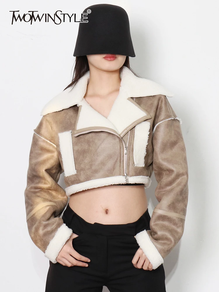 

Twotwin2 стиль корейская мода овечья шерсть куртка для женщин отворот с длинным рукавом цветное пальто женская одежда стиль новый зимний 2021