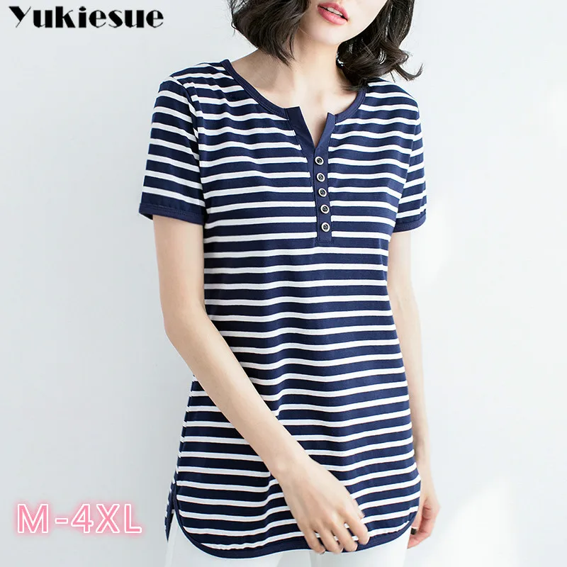 

2020 Hot Sale Stretch Summer New Women T Shirts Striped Short Sleeve tshirt Women's Fashion Cotton V-neck T-shirt Plus size 4XL