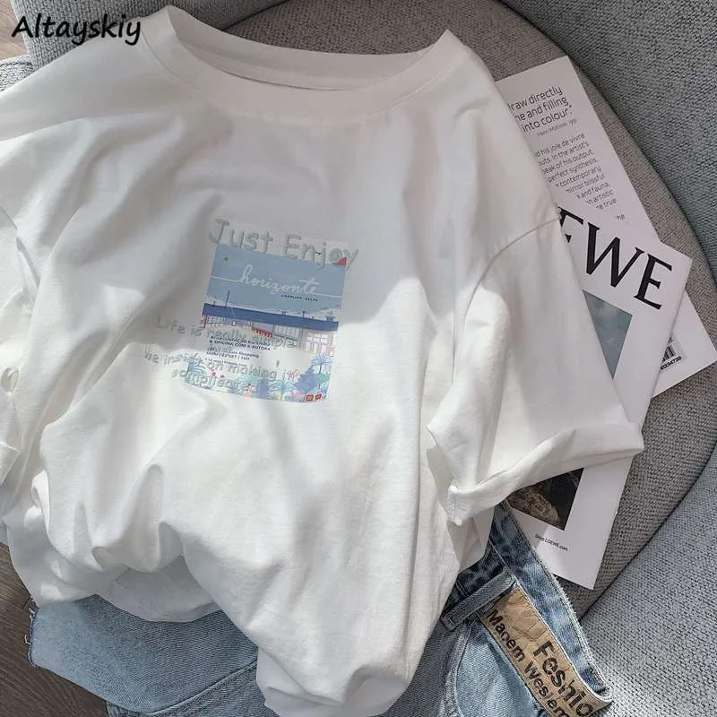 Футболка женская с коротким рукавом базовый хлопковый Повседневный Свободный