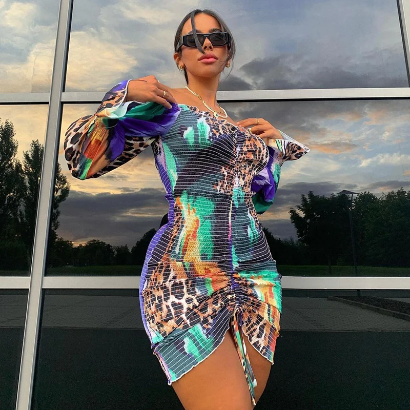

Tie Dye Printed Ruch Drawstring Wrap Dress Woman Off Shoulder Long Flare Sleeve Sheath Dresses Retro Robe Femme Vestidos