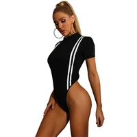sexy bodysuit women summer half high collar short sleeve striped patchwork ladies casual skinny one piece suit bottoming shirt