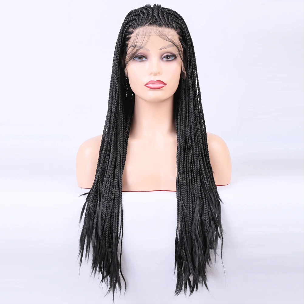 

RONGDUOYI Black Color Braided Lace Front Wigs High Temperature Fiber Natural Hairline Lace Frontal Long Wig For Women Daily Use