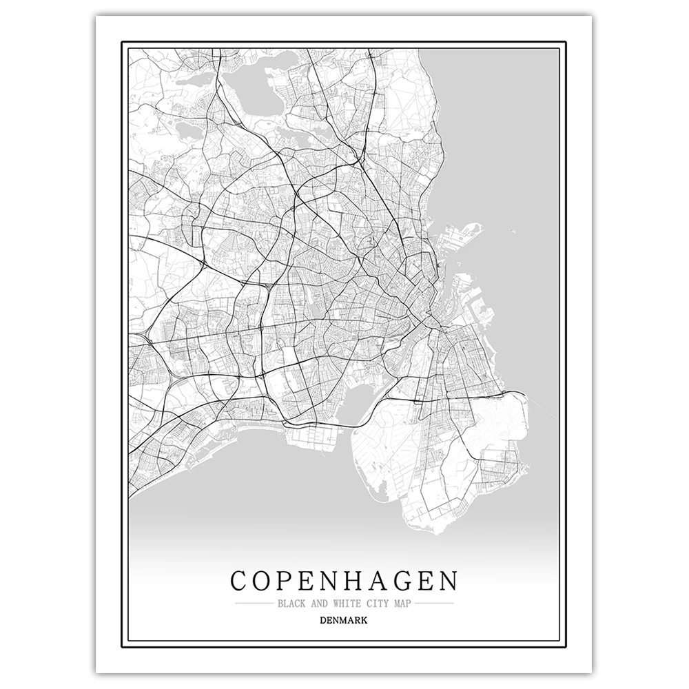 Copenhagen Дания черный белый мир Карта города плакат Скандинавская гостиная copenhen Odense настенные художественные картины Домашний декор холст живопись - Цвет: Copenhagen