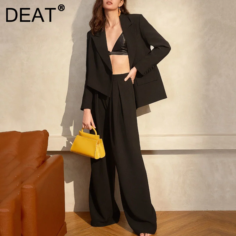 

DEAT 2021 New Women's Fashion Notched Long Sleeve Asymmetrical Thin Suit And Wide Leg Pants Two-piece Autumn And Winter 7E6063