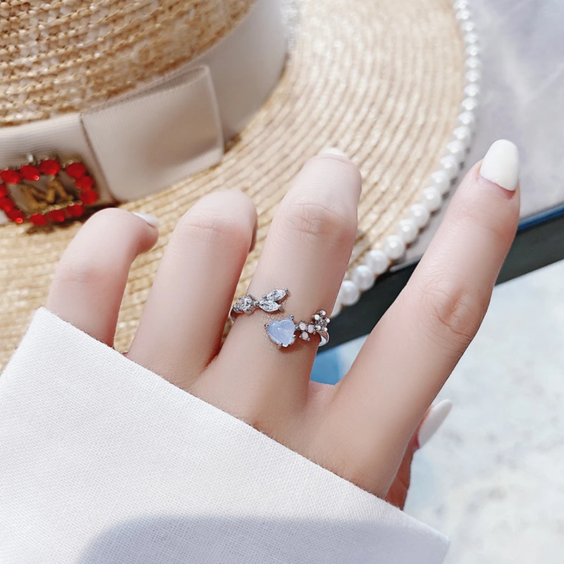 

2020 Korean Delicate Zircon Crystal Leaf Shell Flower Heart Rings For Women Fashion Opening Finger Bague Ring Sweet Party Gifts
