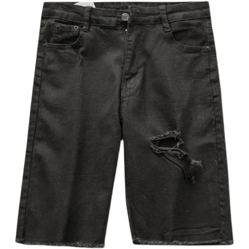 

Ripped Fifth Jeans Women's 2021 Summer New High Waist Slimming and Tight Middle Pants Hong Kong Style Straight Casual Shorts