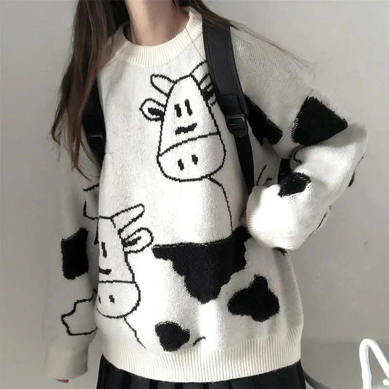 

2021 Winter Kawaii Knitted Printed Sweater Women Autumn Korean Loose Cow Pattern Pullovers Female Oversized Lazy Oaf Tops