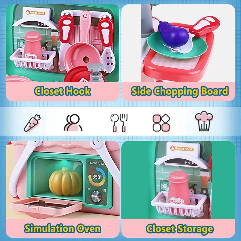 

30 Pcs Kids Kitchen Toys Set Portable Food Cooking Suitcase Playset Pretend Play Kitchen Electric Spray Water Role Play