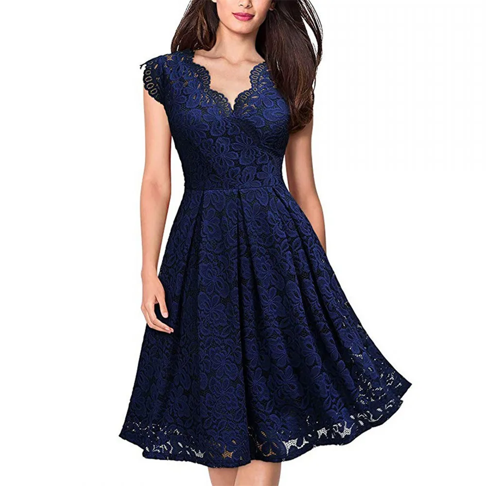 

2021 European And American Fashion New Women's Retro Dress Lace V-neck Sleeveless Hook Hollowed-out Cocktail Party Swing Dress