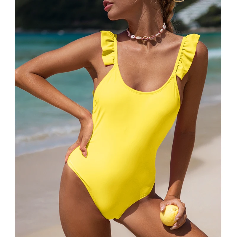 Женские Купальники с открытой спиной и рюшами цельный розовый купальник