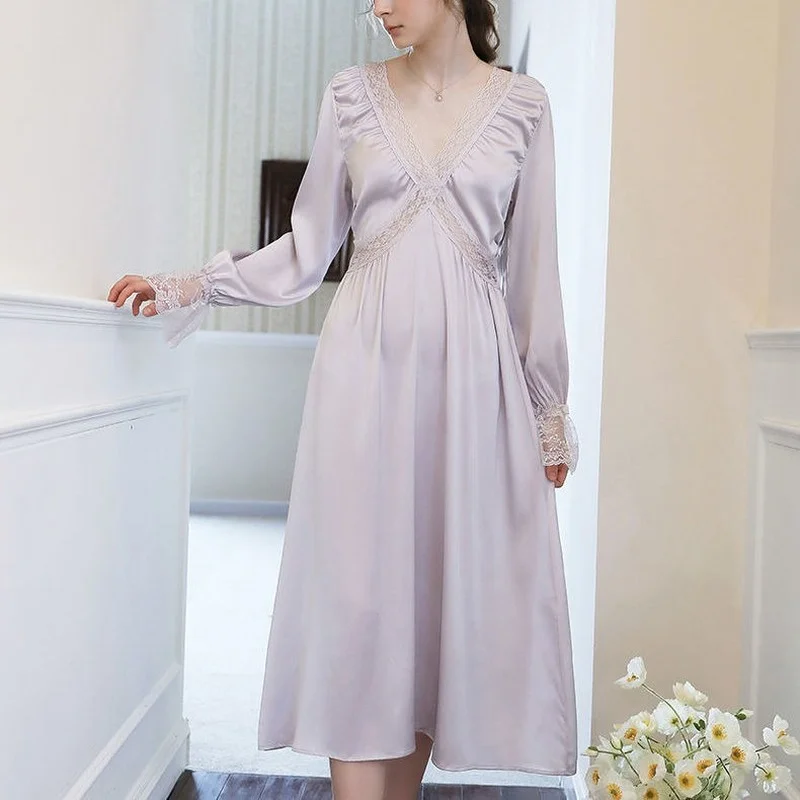 QWEEK Silk Elegant Long Nightgown Women Autumn Satin Luxury Sleepwear Lace Nightie Princess White Dress Nightdress Loungewear