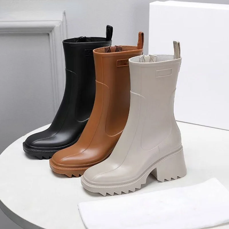 

2022 Brand Runway Women Ankle PVC Rainboots Chunky Heel Height Increasing Short Boots Thick Sole Motorcycle Boots For Women