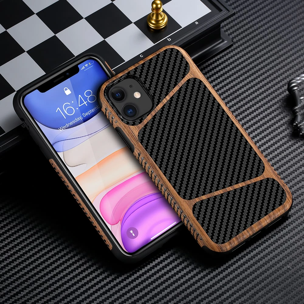 LAPOPNUT Slim Wood Carbon Fiber Texture Silicone Soft Case for IPhone SE 2020 11 Pro Max X Xr Xs 7 8 Plus Hybrid Leather Cover |