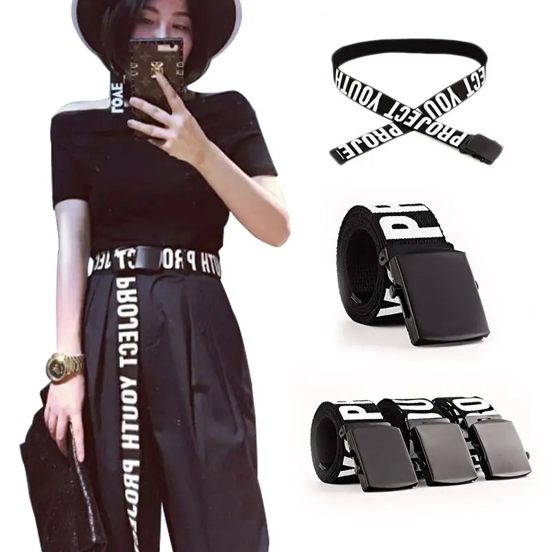 

Woman Gothic Harajuku Street Belt Canvas Punk Letters Printed Decoration Loop Shaped Mental Buckle Jeans Waist Belt 2021 new