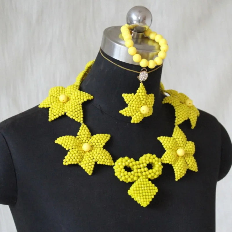 

Dudo Store Jewelry Set For Nigerian Women Yellow Flowers African Party Bead Jewerly Necklace Set Bracelet Earrings Necklace Set