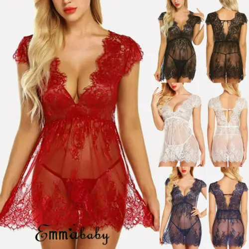 

Women Summer Sexy Solid Sleepwear Night Dress+G-String Lace Floral Babydoll Pajamas lenceria sexy hot caliente