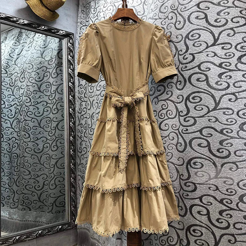 

Lace Up Bowknot Patchwork Dress For Women O Neck Short Sleeve High Waist Sashes Elegant Dresses Female Fashion New
