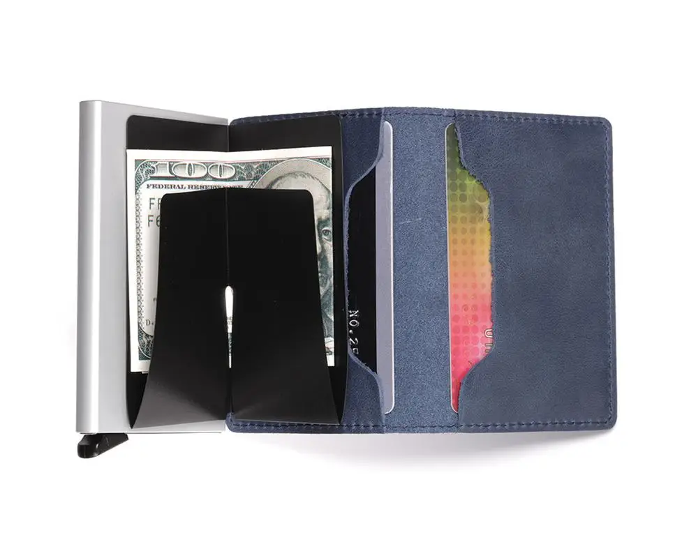 

New 2020 Fashion Business Card Holder Unisex Leather Men RFID Aluminum Push Card Test Wallet Card Organizer Bank Card Case