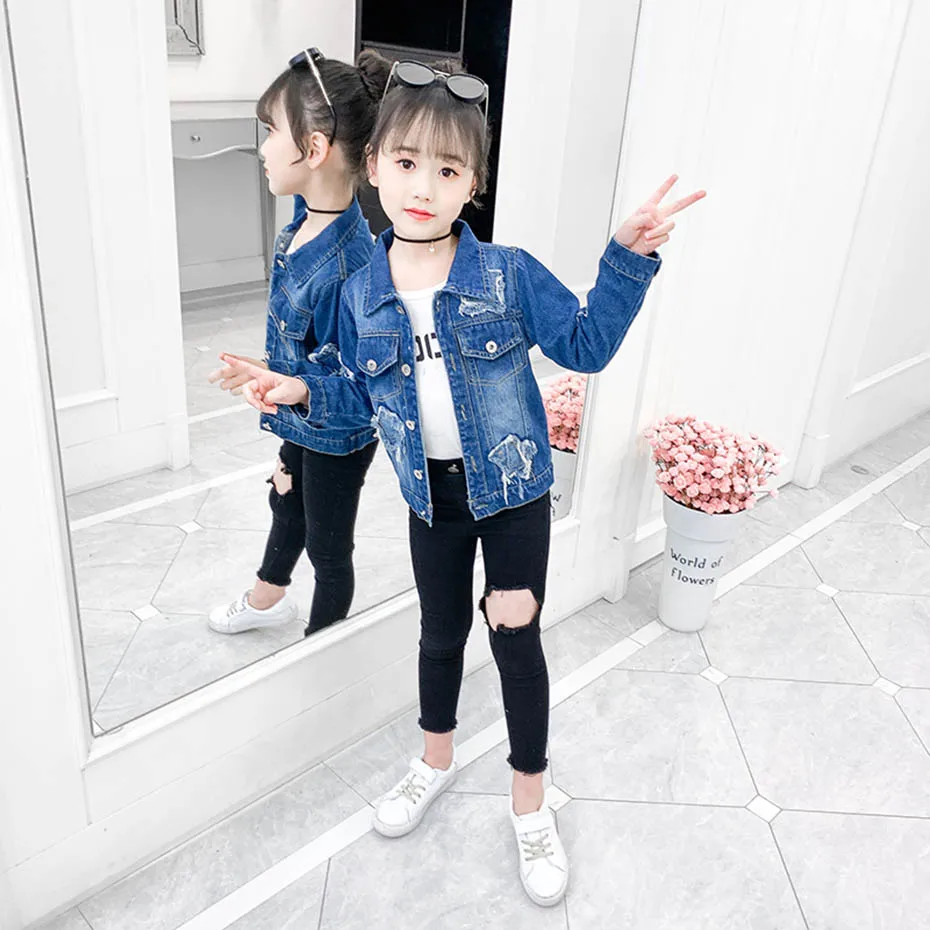 Джинсовая куртка для девочек со звездами верхняя одежда пальто рваная Верхняя