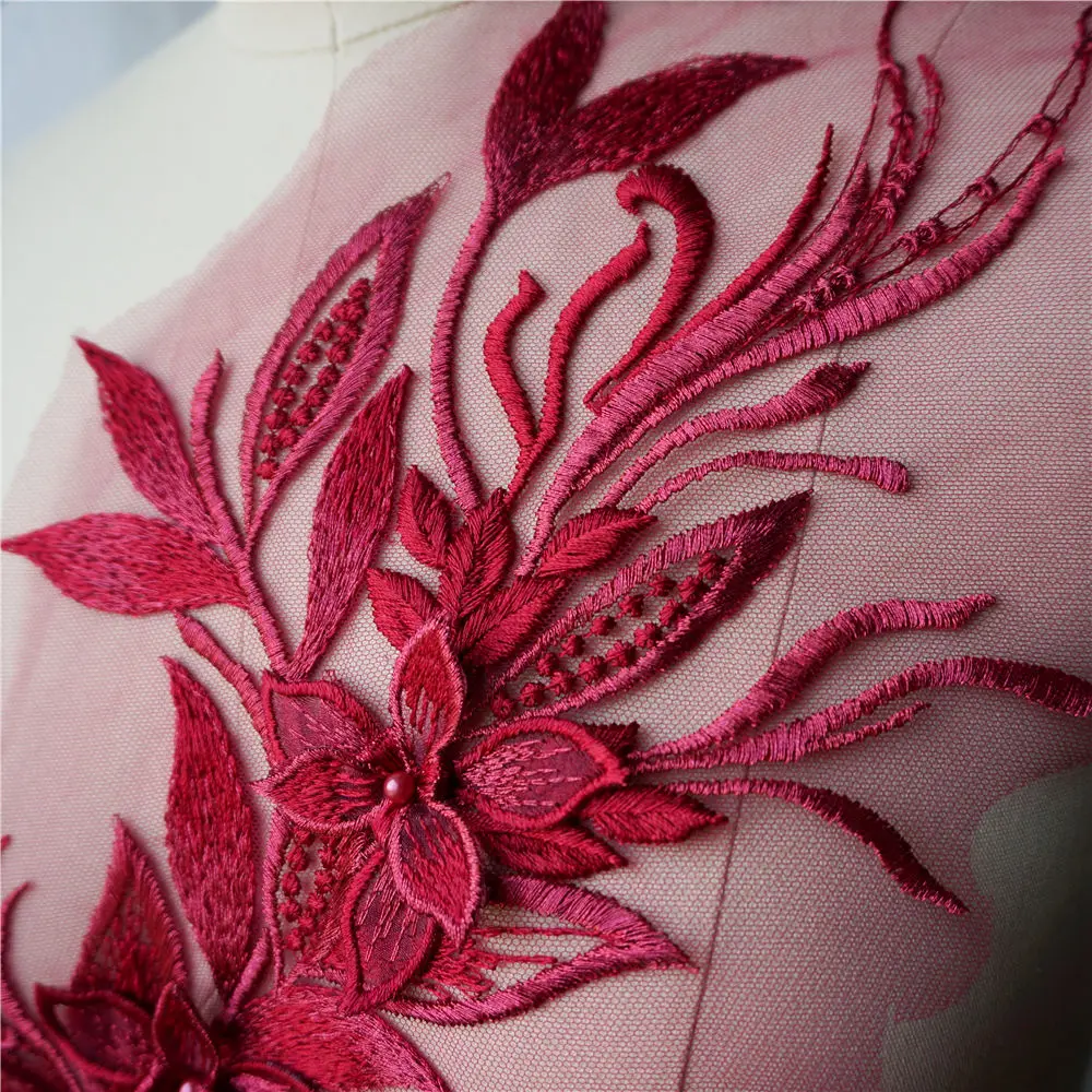 Винно красная 3D Цветочная кружевная ткань для платьев оторочка с аппликацией