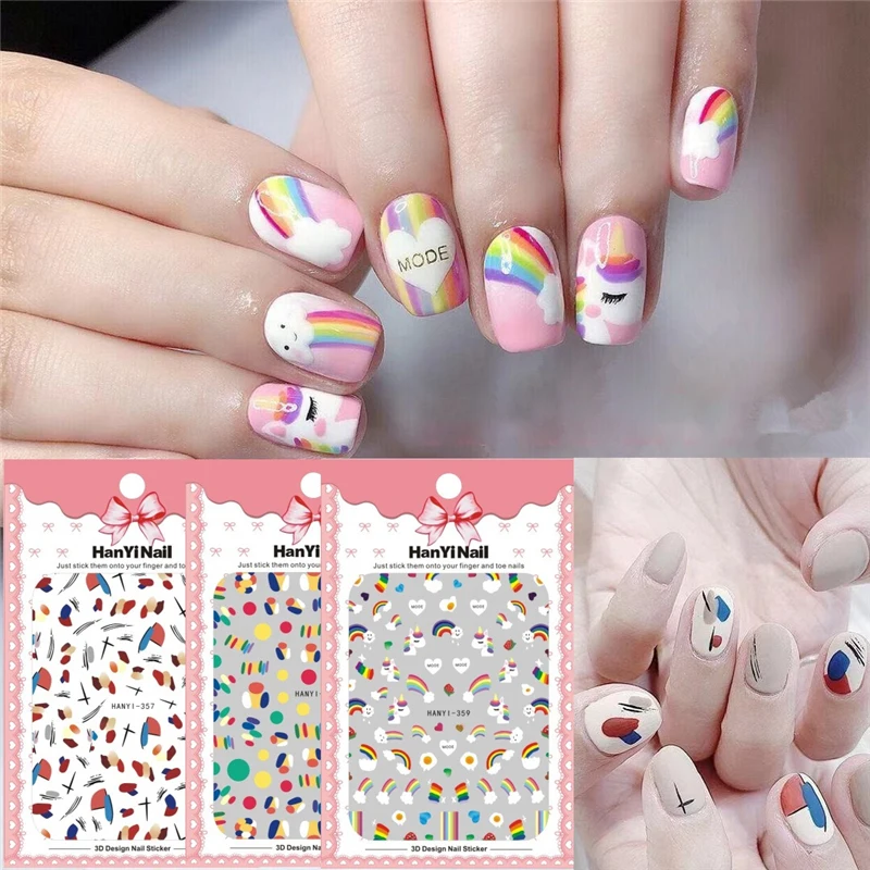 Новинка 1 лист стикеры 3D на ногти Nail Art яркая красочная форма радуги с помпоном в