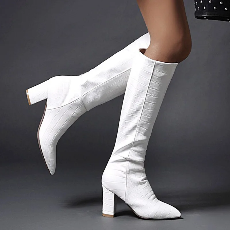 

KemeKiss Women Knee Boots Fashion High Heel Winter Shoes Woman Warm Stone Print Sexy Long Boot Office Lady Footwear Size 34-43