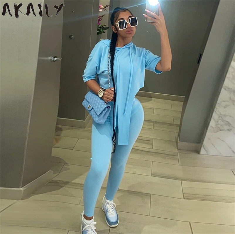 

Akaily Streetwear Solid Hooded 2 Two Piece Sets Women Tracksuits Sets Female Summer Short Sleeve Crop Top Skinny Long Pants Sets