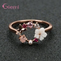 new crystal metal flower branch leaf wedding finger rings for women rose gold zircon birthday gift jewelry