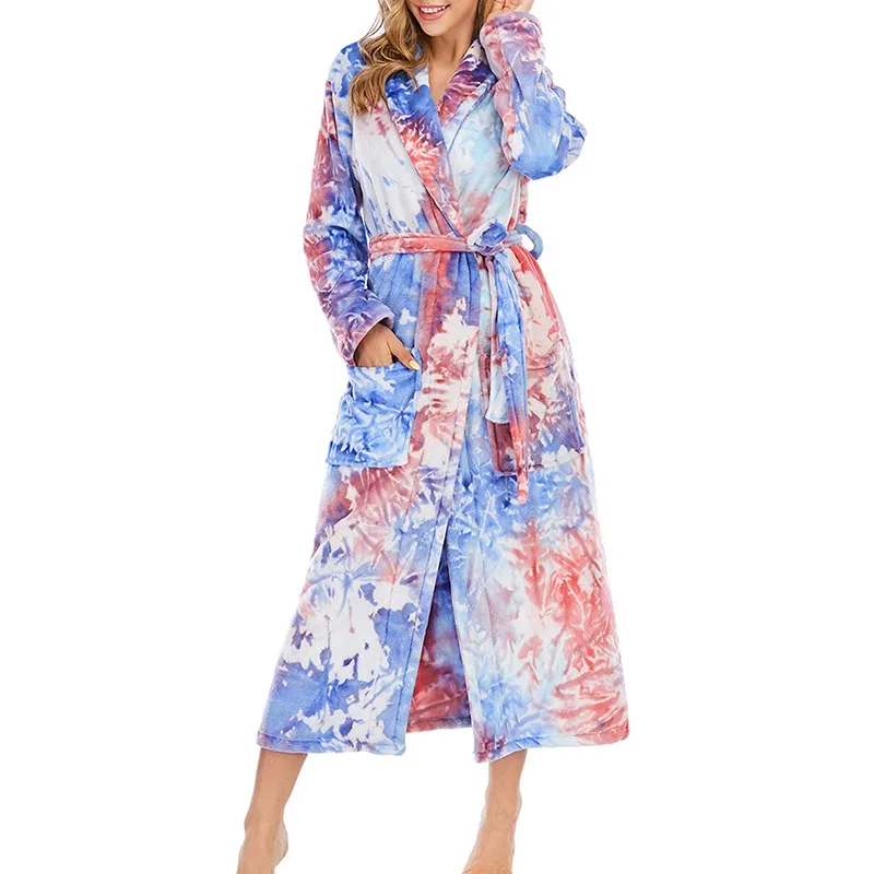 

Robe Winter Women Long Gown Elegant Bathrobe Coral Fleece Robes Pink Sleepwear Warm Robe For Ladies Homewear Robe High Quality