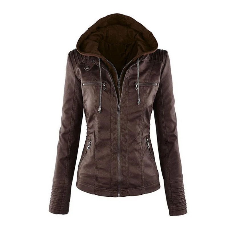 

Faux Twins Detachable Hat Faux Leather Slim Jacket Hoodie Hooded Zipper Pocket Coat Jacket Fall Winter New Fashion