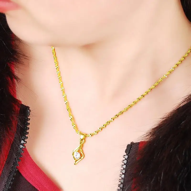 Pure Gold 24K Necklace Electroplating Zircon Crystal Pendant 2MM46CM Water Wave For Women's Wedding Jewelry G | Украшения и