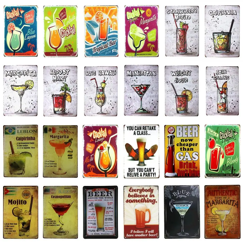 

Cocktail Tin Sign Bar Pub Plaque Chic Shabby Iron Plate Painting Vintage Metal Board Poster Restaurant Club Wall Sticker Decor