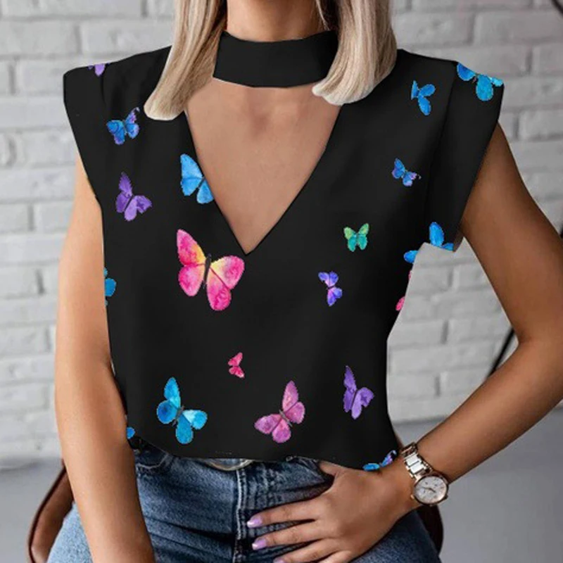 

Elegant Butterfly Print Blouse Shirts Women Summer Fashion Halter Pullovers Tops Office Lady Casual Plus Size Short Sleeve Blusa