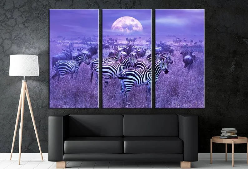 

Zebras In The African Savannah Wall Art Night Lunar Canvas Purple Home Decor