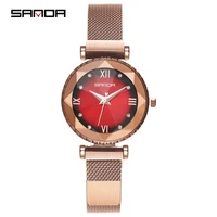 sanda brand 1013 luxury magnet stainless steel mesh band ladies dress fashion crystal quartz female clock women bracelet watch